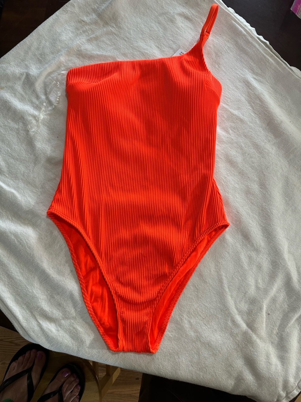 One-Shoulder Ribbed Women's Swimsuit in Bright Orange